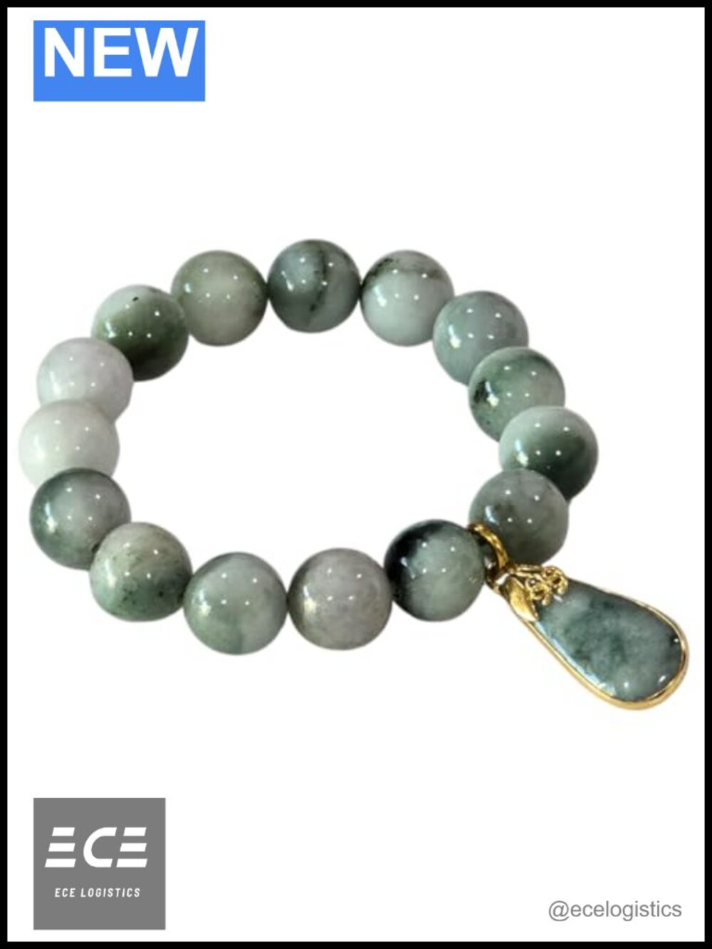 Two-Tone Green Burmese Jade Bracelet Stretch Elastic Gold Charm Feng Shui Luck